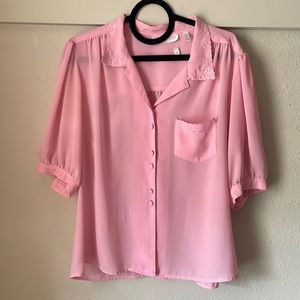 Vintage pink polyester button down short sleeve blouse by Josephine